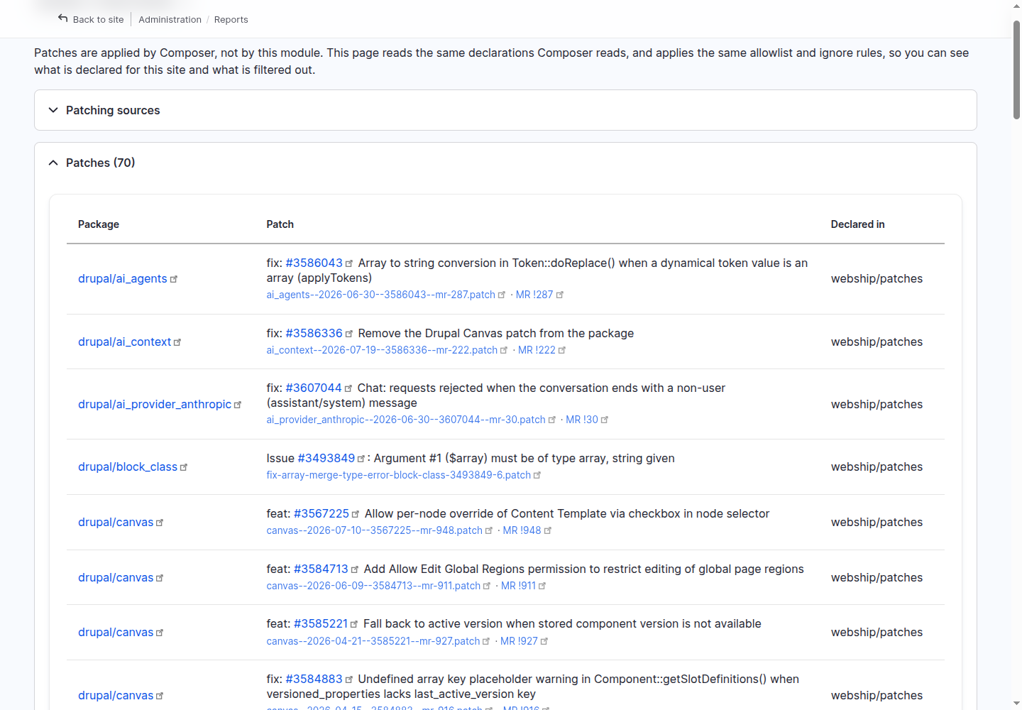 The patches table, with project, issue, file and merge request links
